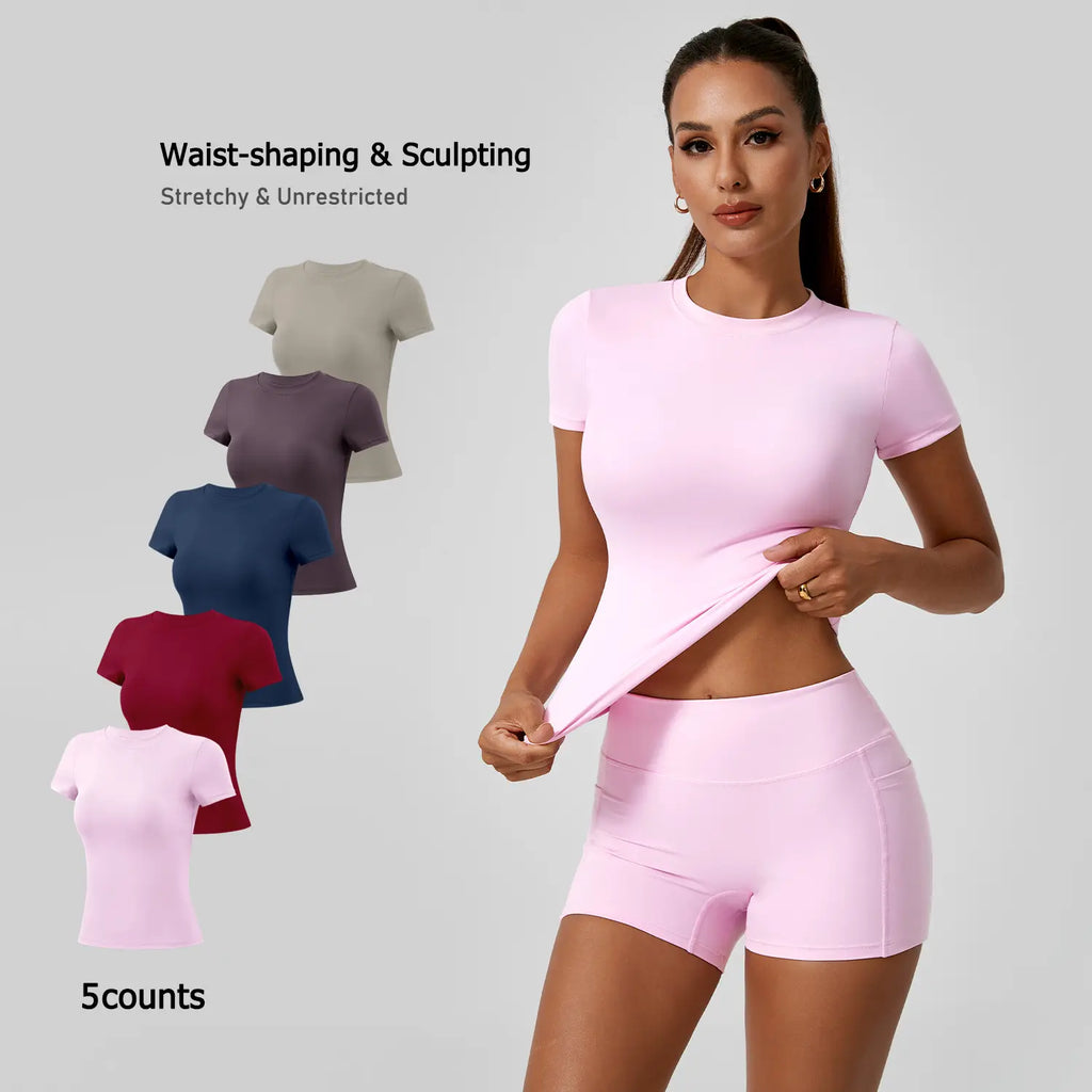 Timeoff 5-Piece Solid Sports Tee Set round Neck Slim Stretchy Ideal for Yoga Gym Workouts Women'S Athletic Wear Sporty Style Clothes Gym Shirts Workout Tops Oversized Gym Shirts Fitness Outfit